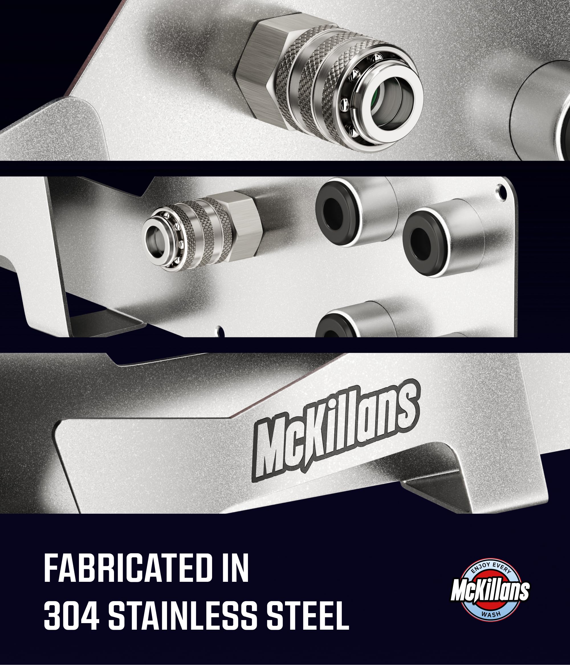 McKillans stainless finish provides durable corrosion resistance for garage use.