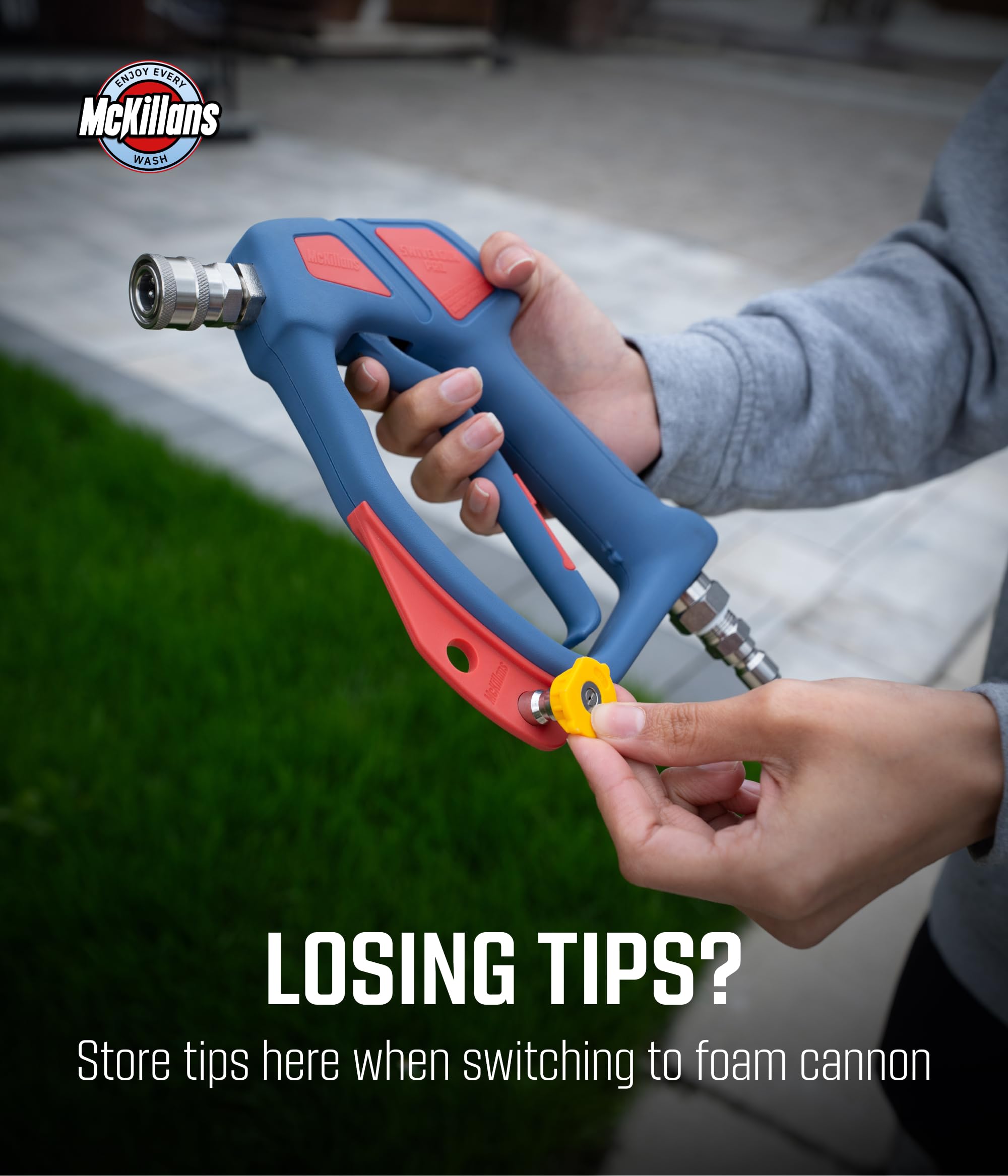 In-use image demonstrates high-pressure spray efficiently removing grime with McKillans Pro.