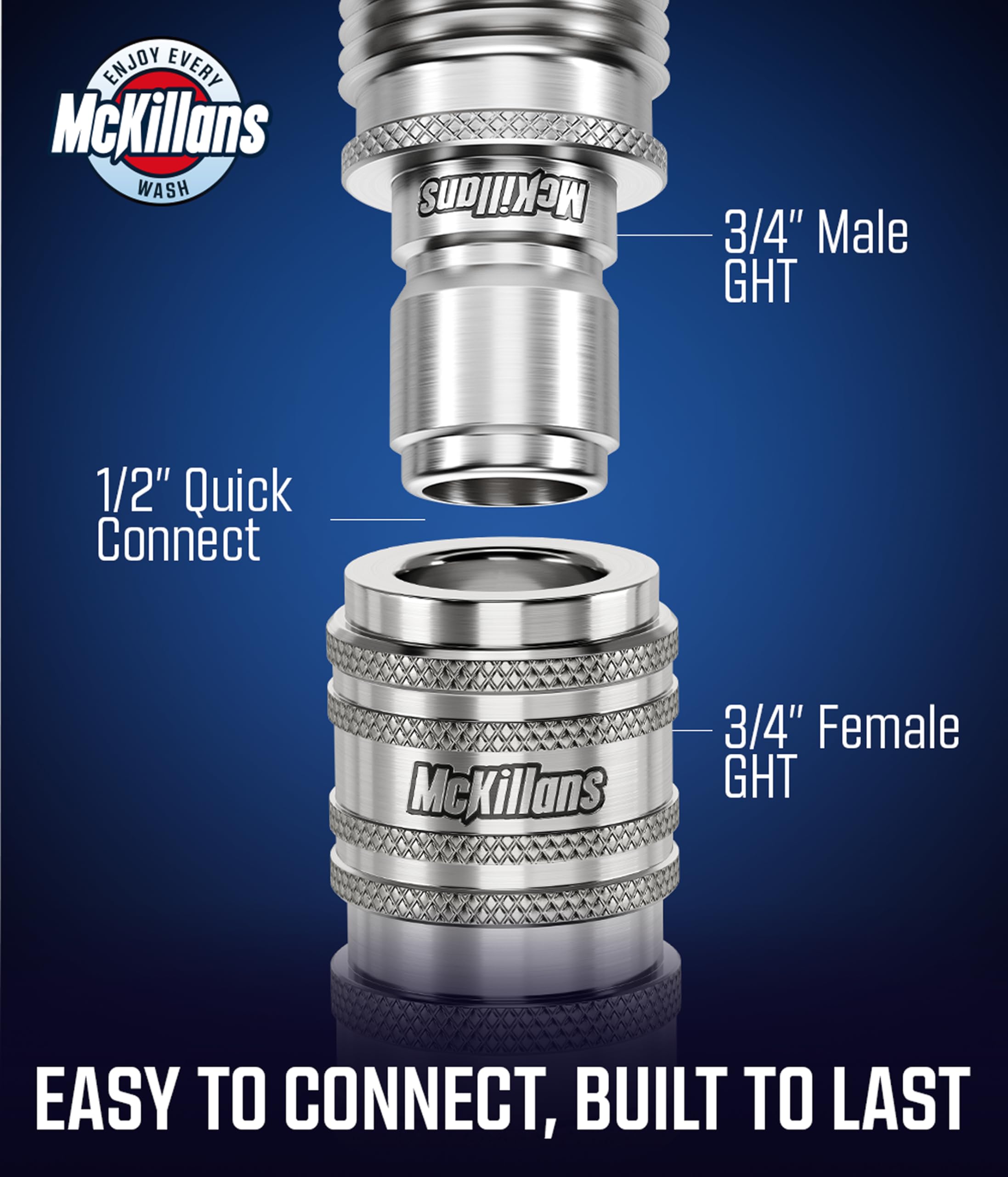 McKillans universal-fit hose connector works with standard hoses and accessories.