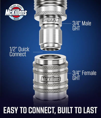 McKillans universal-fit hose connector works with standard hoses and accessories.
