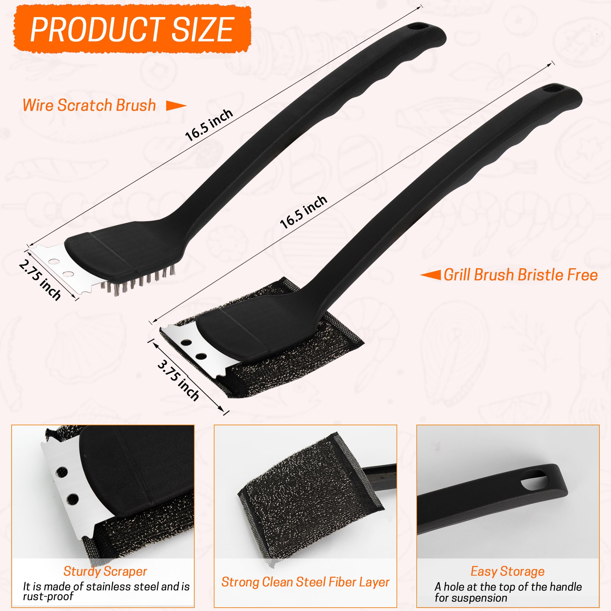 Close-up of MEADAY bristle-free grill brush showing sponge-steel weave for safe cleaning