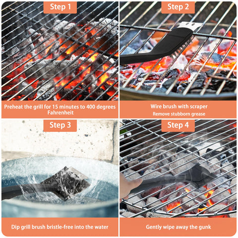 MEADAY ergonomic 16-inch handle providing heat-safe cleaning on a grill