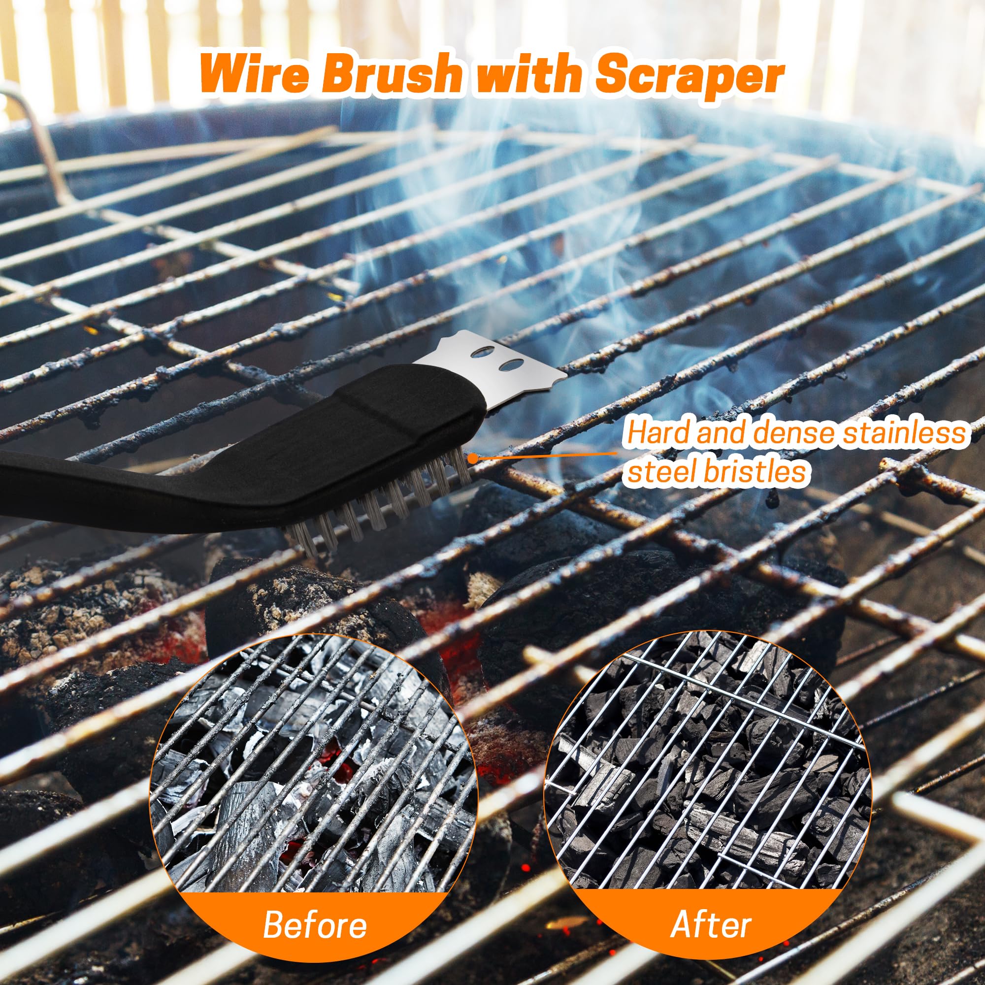 MEADAY stainless steel wire brush scrubbing stubborn grime from grill grate