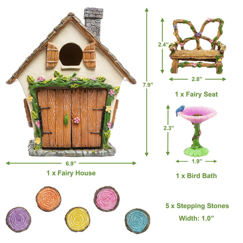 Meadow & Oak Fairy Garden House Kit bird bath enhances garden charm and playtime.