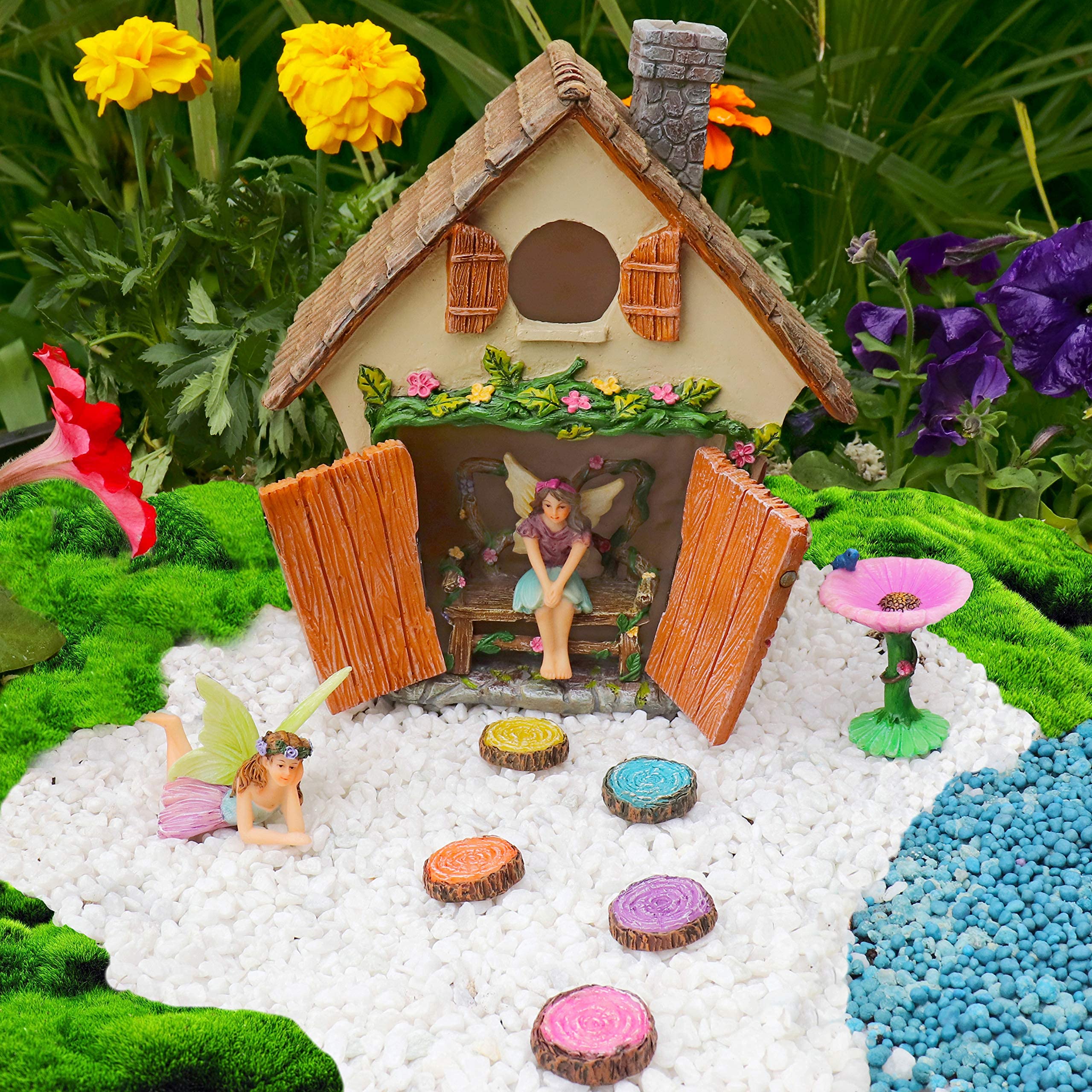 Meadow & Oak Fairy Garden House Kit polyresin durability for outdoor use.
