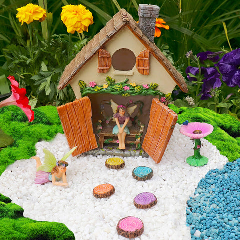 Meadow & Oak Fairy Garden House Kit polyresin durability for outdoor use.