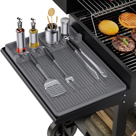 MealHelper griddle tools mat on side shelf keeps utensils within reach and neatly organized.