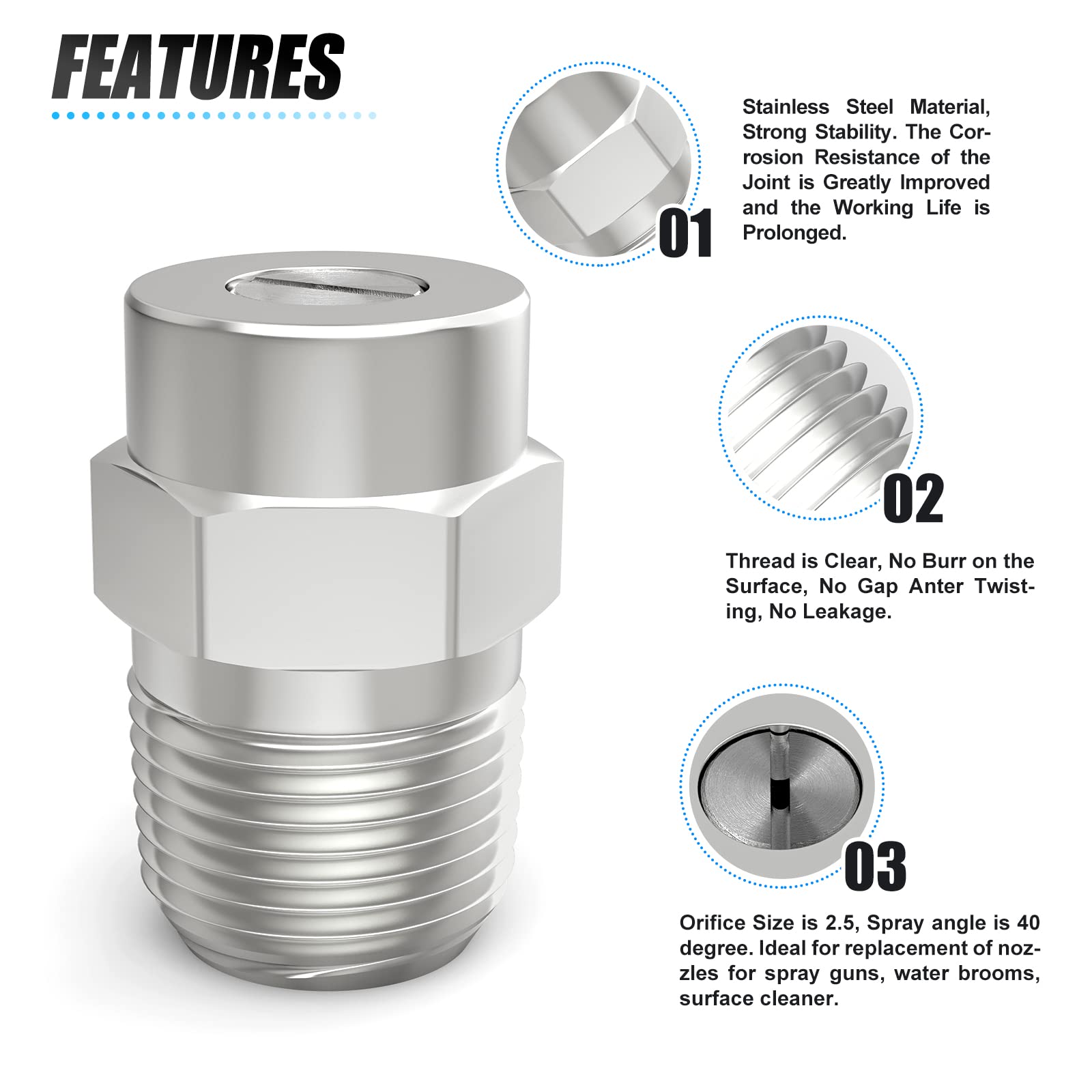 MEANLIN 2.5-orifice nozzle optimizes flow for efficient cleaning.