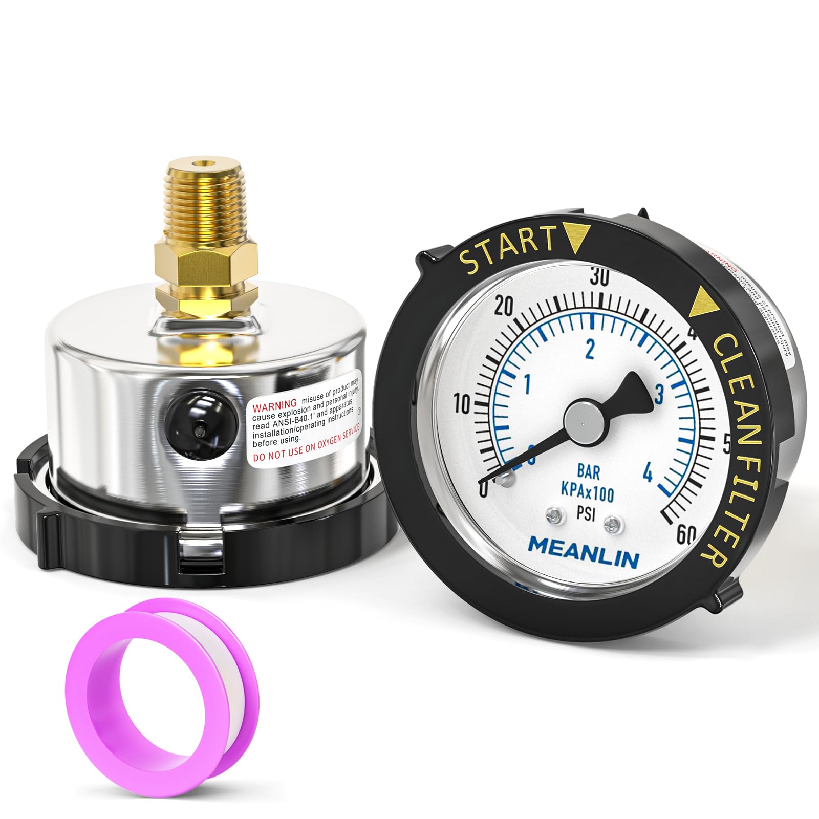 MEANLIN MEASURE pressure gauge close-up for precise pool filtration readings.