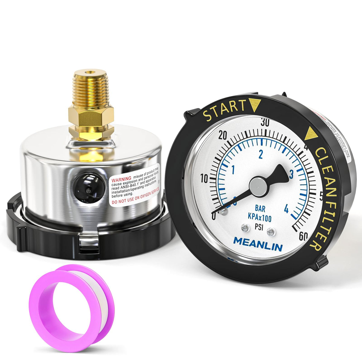 MEANLIN MEASURE pressure gauge close-up for precise pool filtration readings.