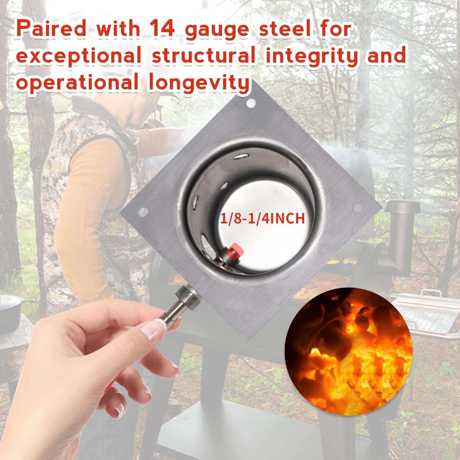 Meatender 7-hole airflow illustration emphasizing efficient combustion and stable temperatures