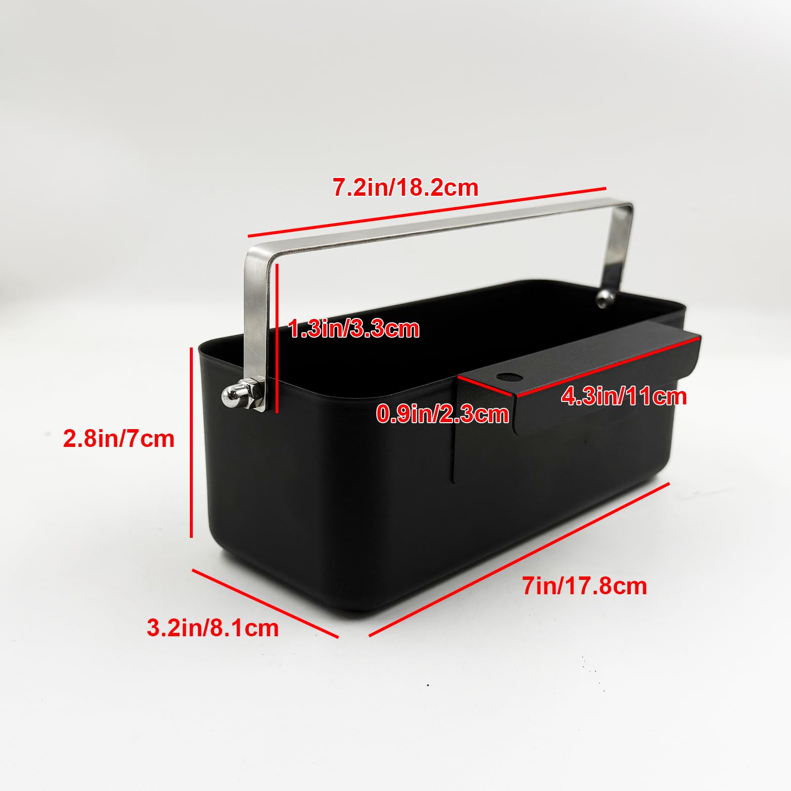 Meatender drip pan shows dimensions 7 x 3.2 x 2.8 inches for a precise fit.