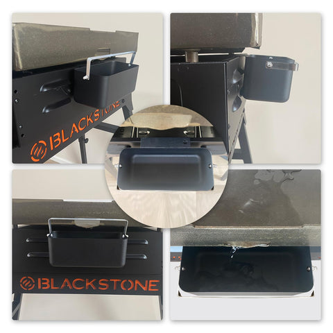 Meatender grease cup in use on a Blackstone griddle.