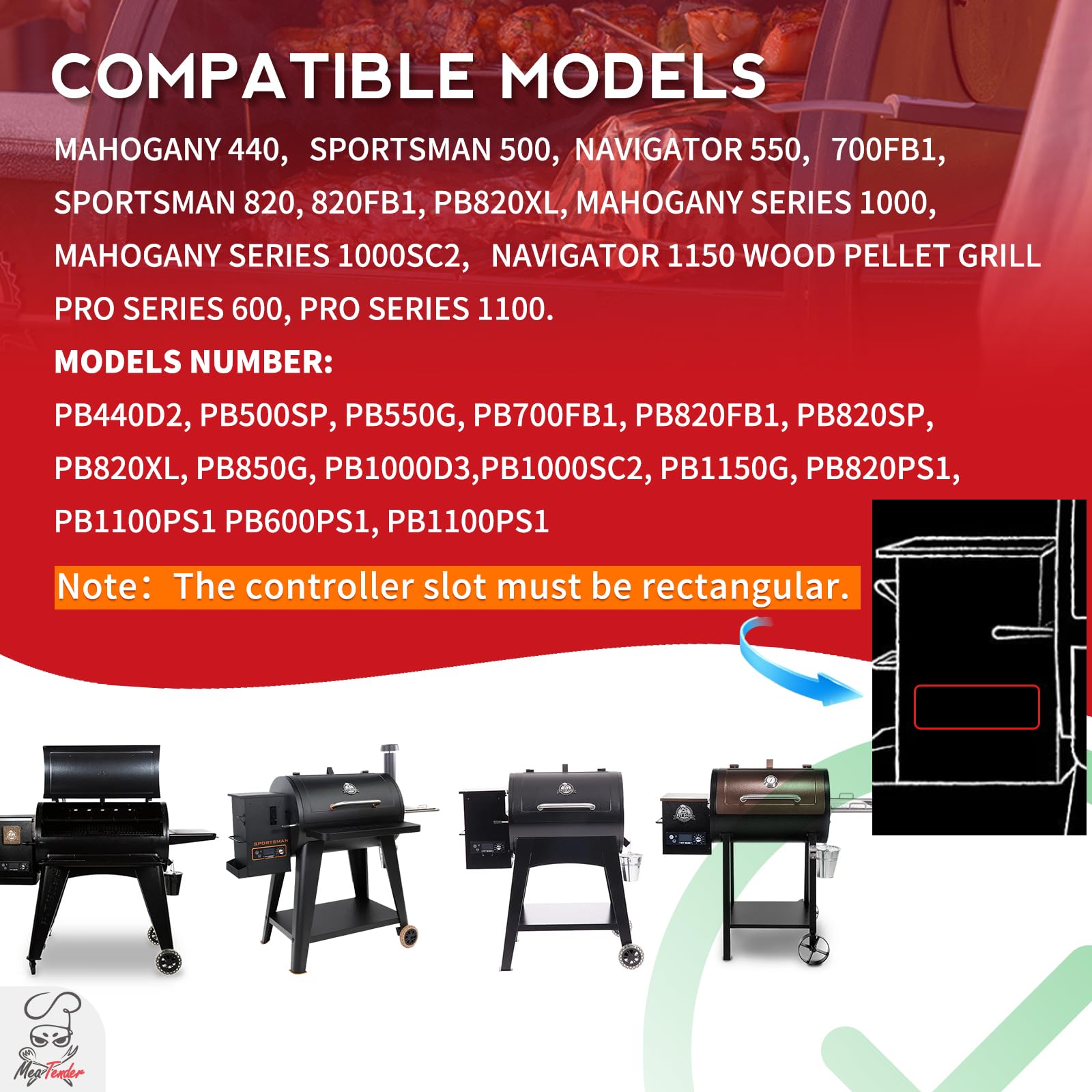 Meatender AC03P9 side panel emphasizing compatibility with Pit Boss models