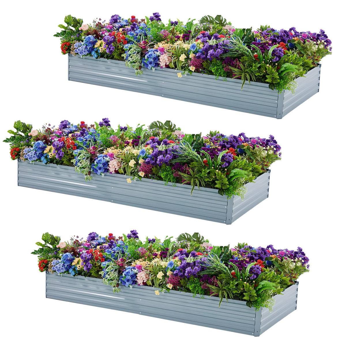 Meberam 3-pack galvanized raised garden beds, assembled to expand your growing space.