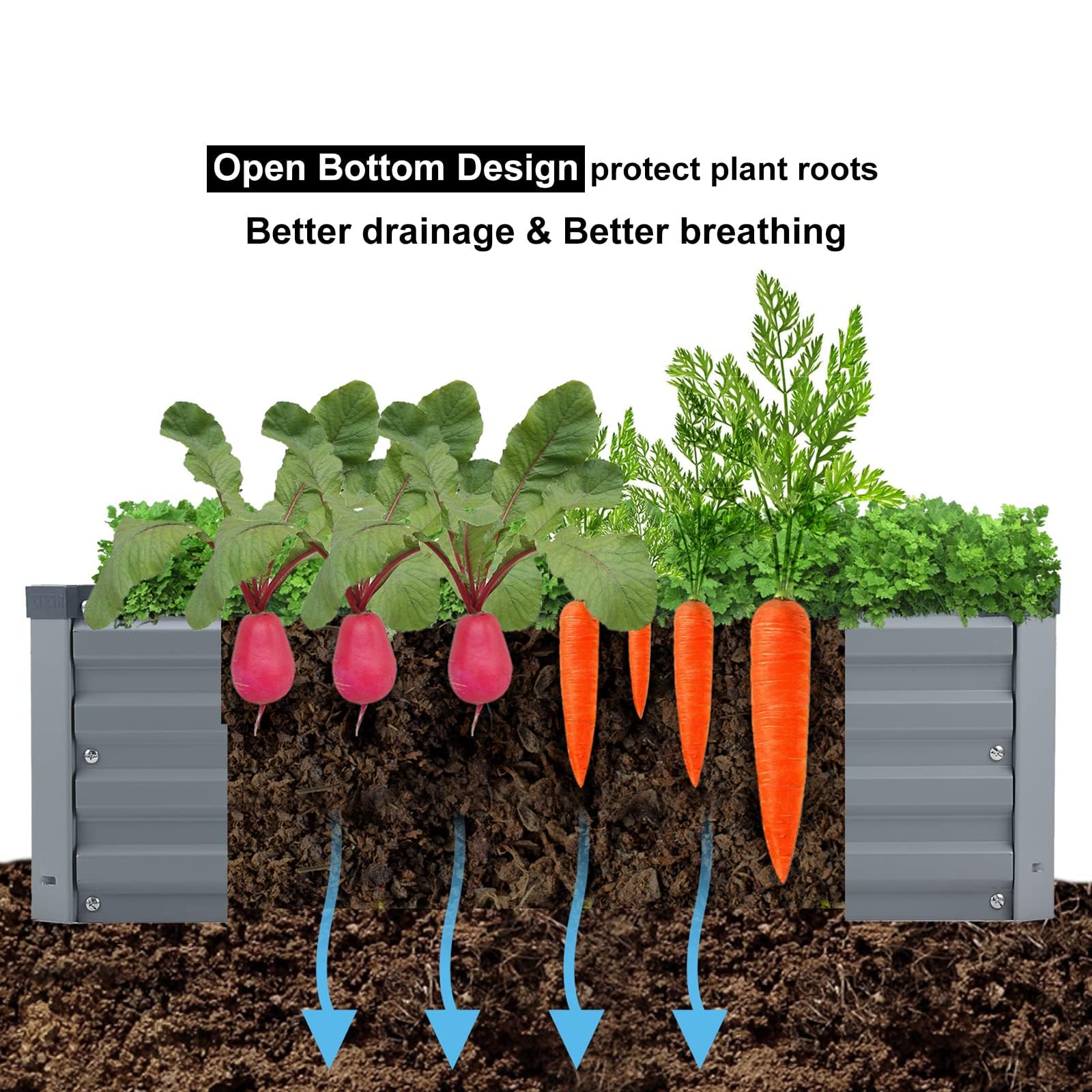 Meberam beds shown with vegetables and herbs thriving in a garden.
