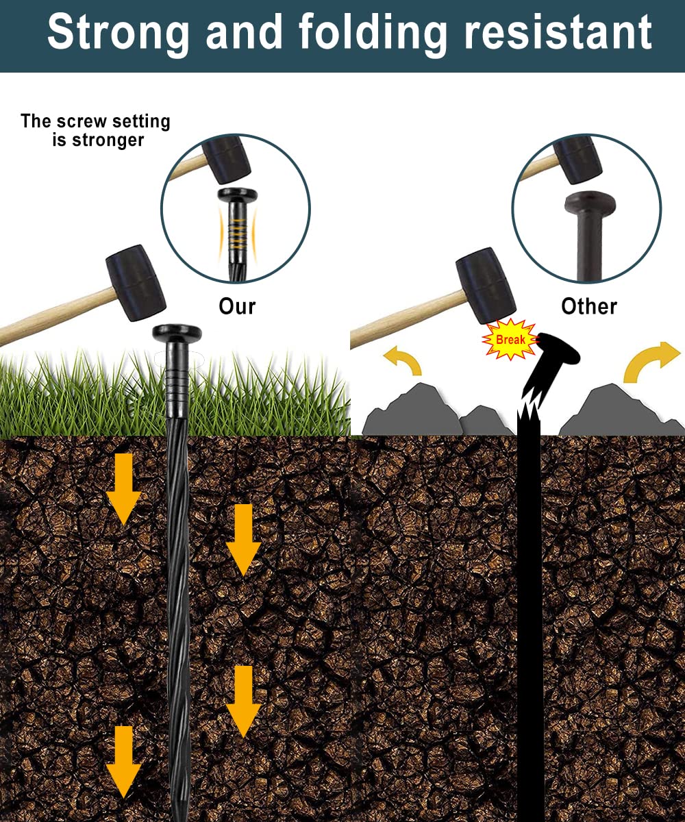 Meboyz easy-install landscape spikes shown with hammer for quick setup.