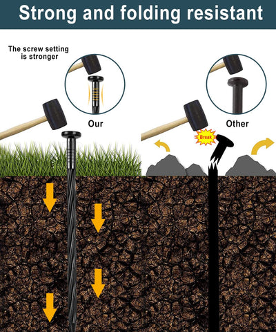 Meboyz easy-install landscape spikes shown with hammer for quick setup.