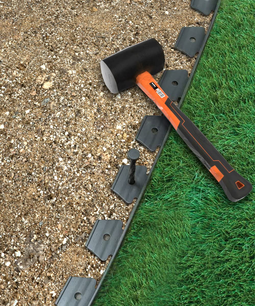 Meboyz paver edging spikes secured in soil along a border.