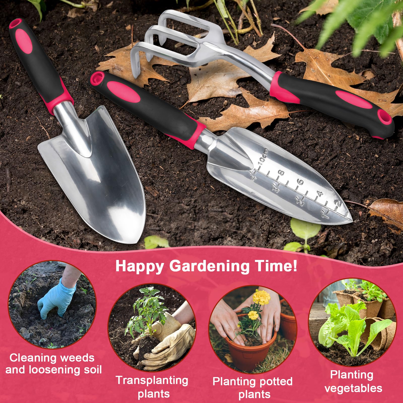 MeCHEER bright red tools help you spot them quickly in soil.