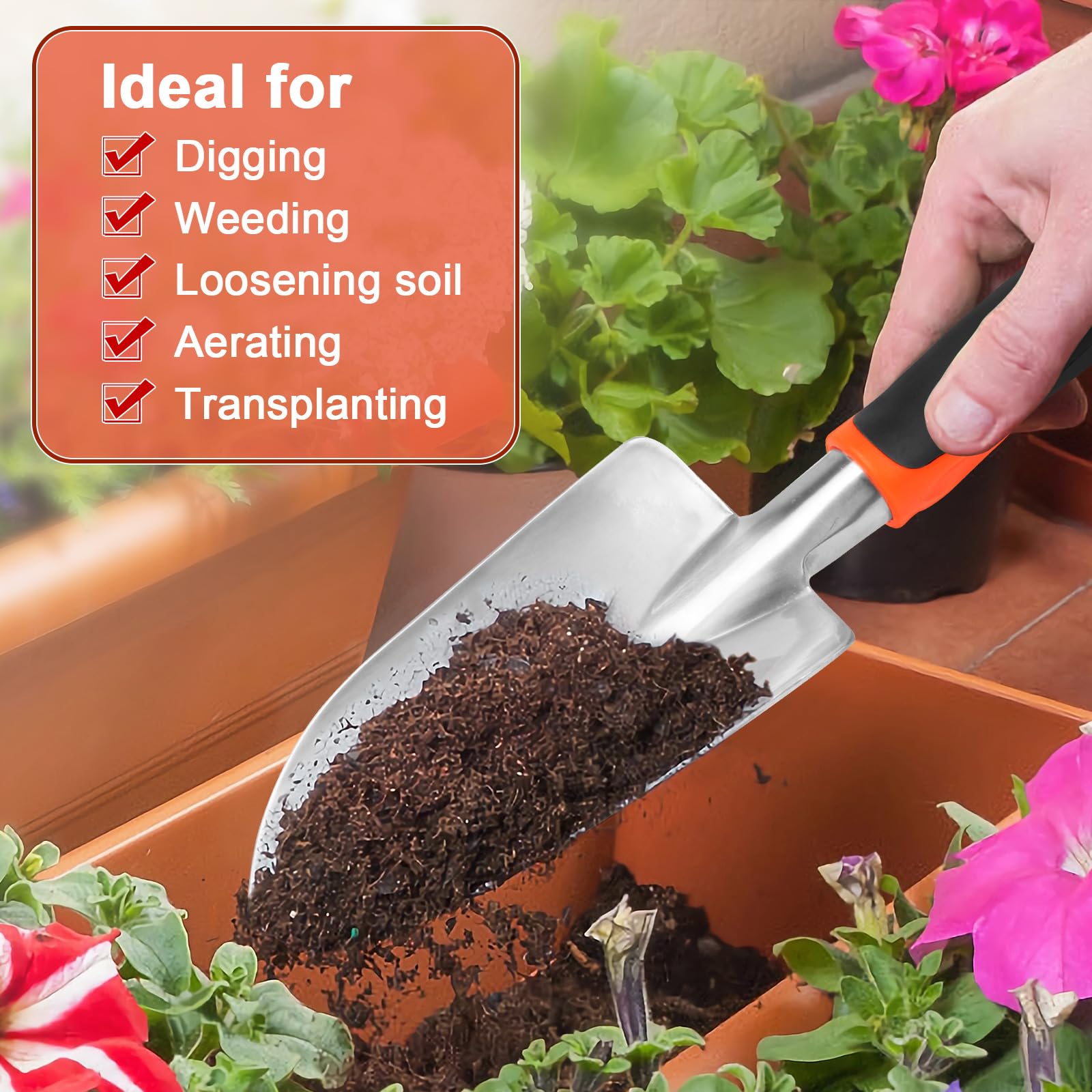 MECHEER garden shovel hanging hole enables easy storage in shed or backpack.