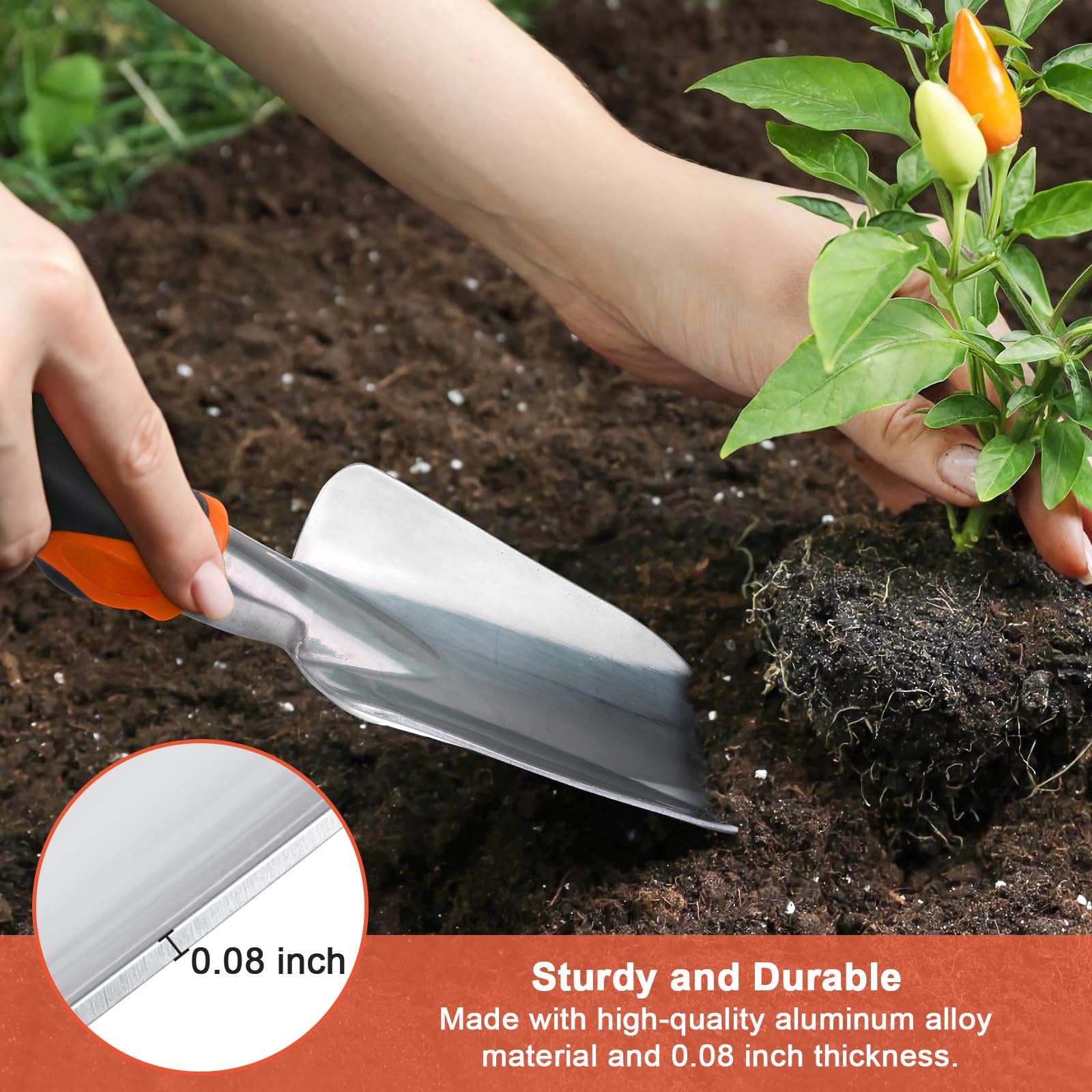 MECHEER rust-resistant aluminum head stays shiny after garden tasks.