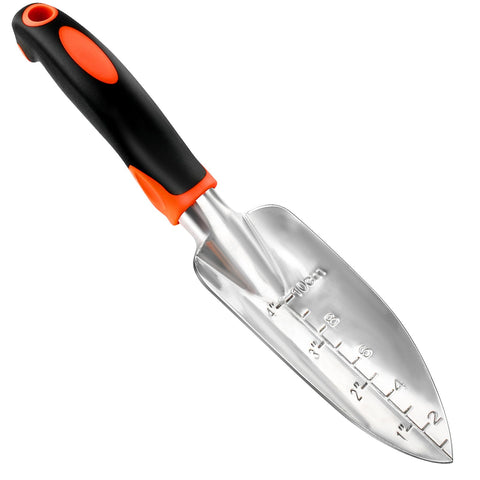 Mecheer garden shovel trowel with measurement marks for precise planting depth.