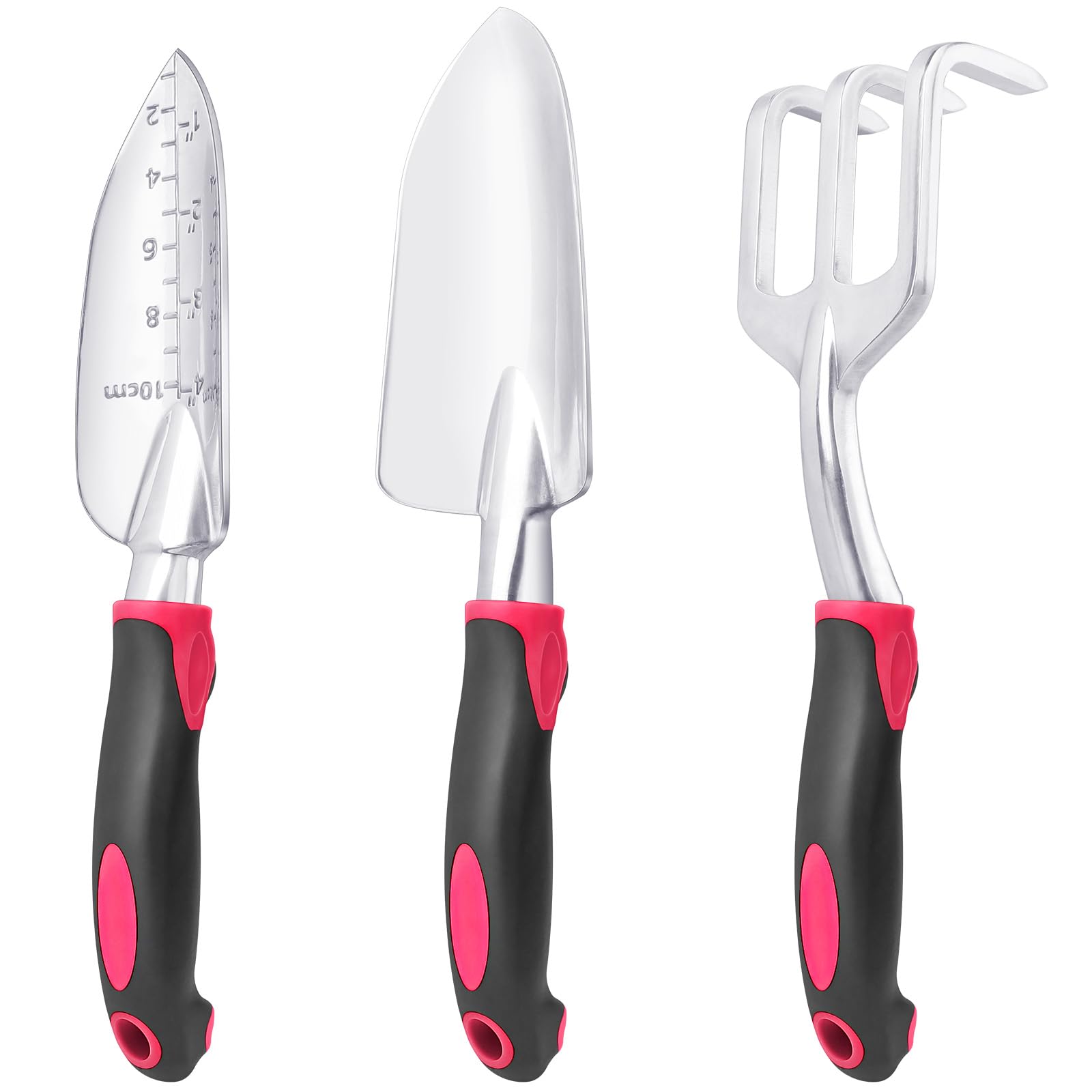 MeCHEER garden tools set 3-pack, bright red, ideal for planting, digging, and weeding.