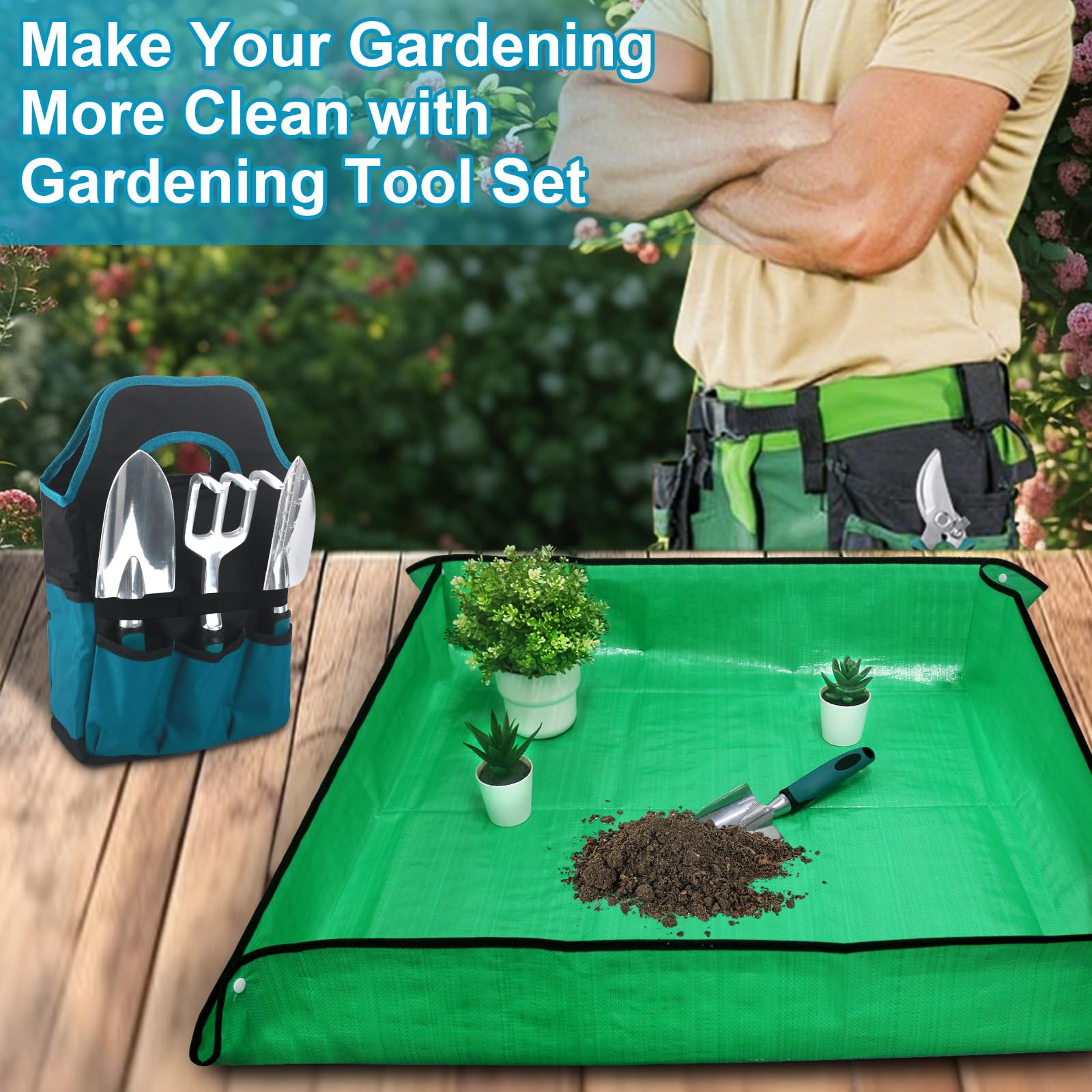 MECHEER garden tote with eight pockets keeps tools organized.