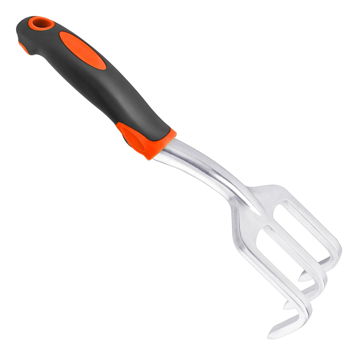 MECHEER hand rake close-up shows 3-claw design for deep soil aeration