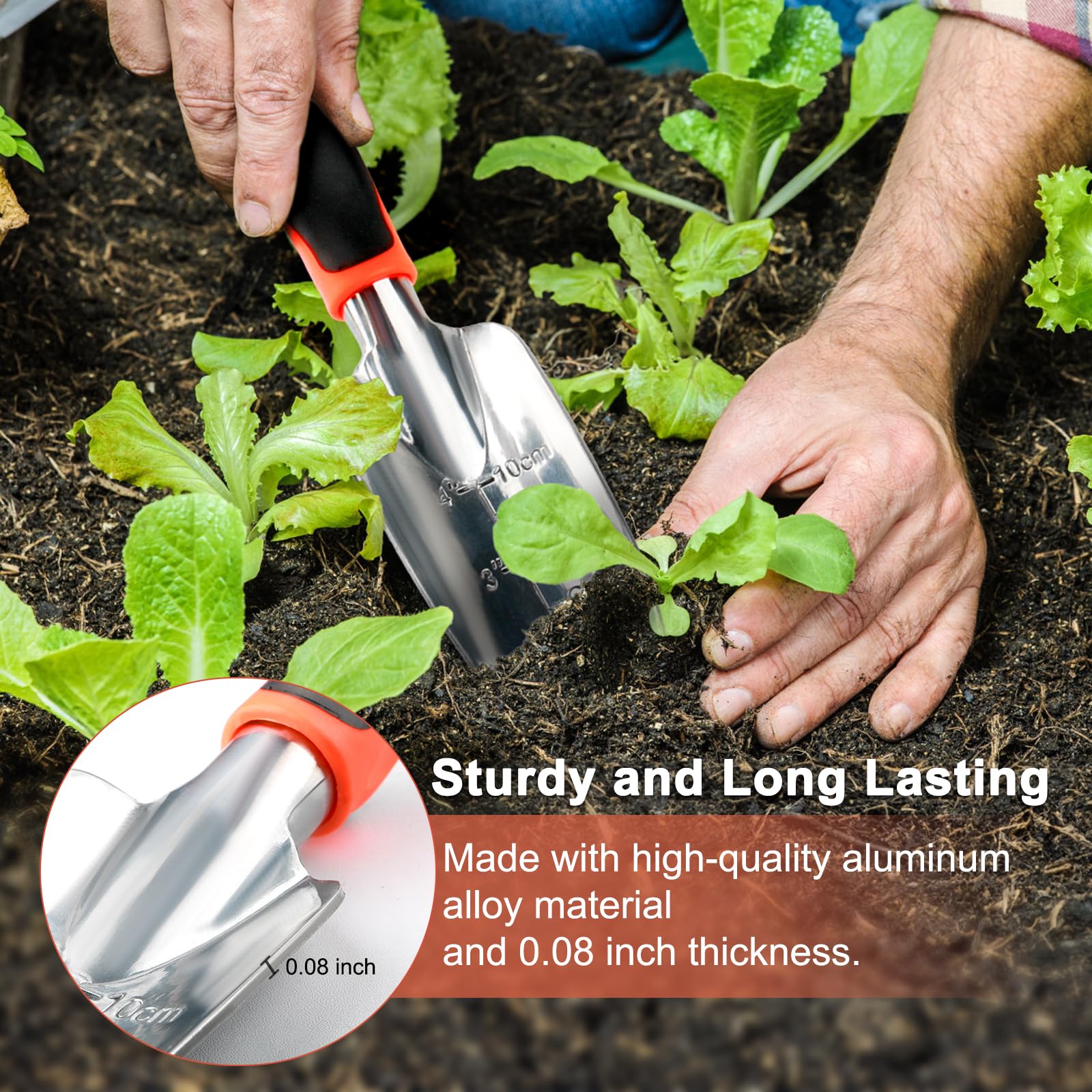 Mecheer multi-function garden tool handles planting, transplanting, weeding, and soil mixing.