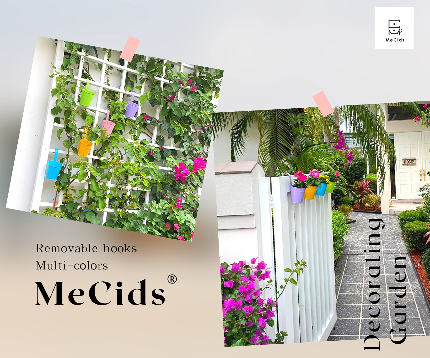 MeCids 4-inch planters fit compact herbs and flowers on rails.