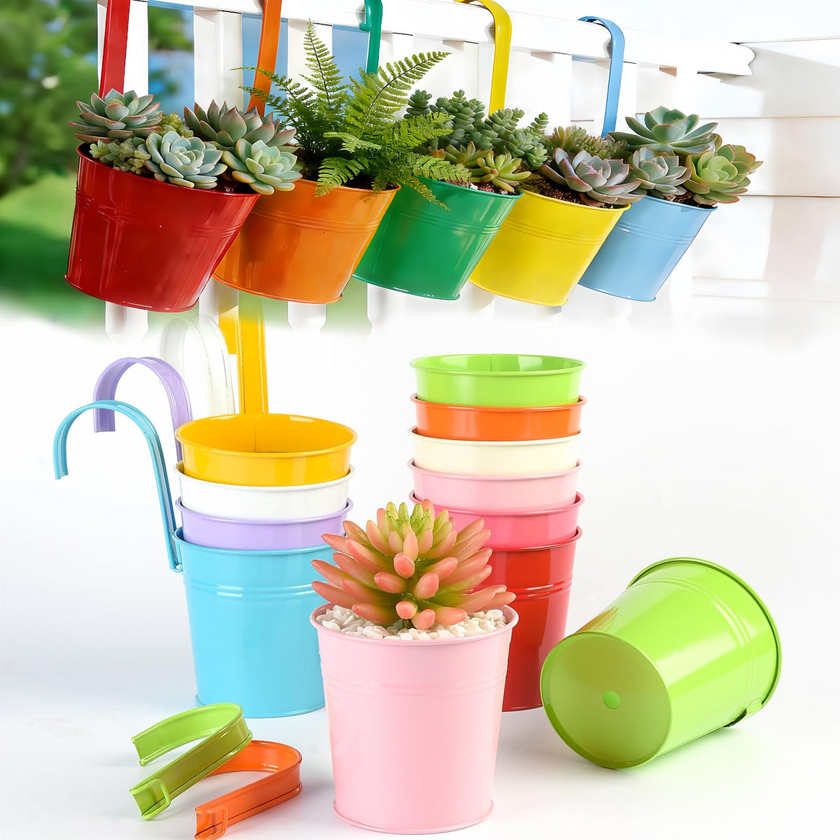 MeCids hanging planter 4-inch metal on railing, colorful pots for balcony gardening.