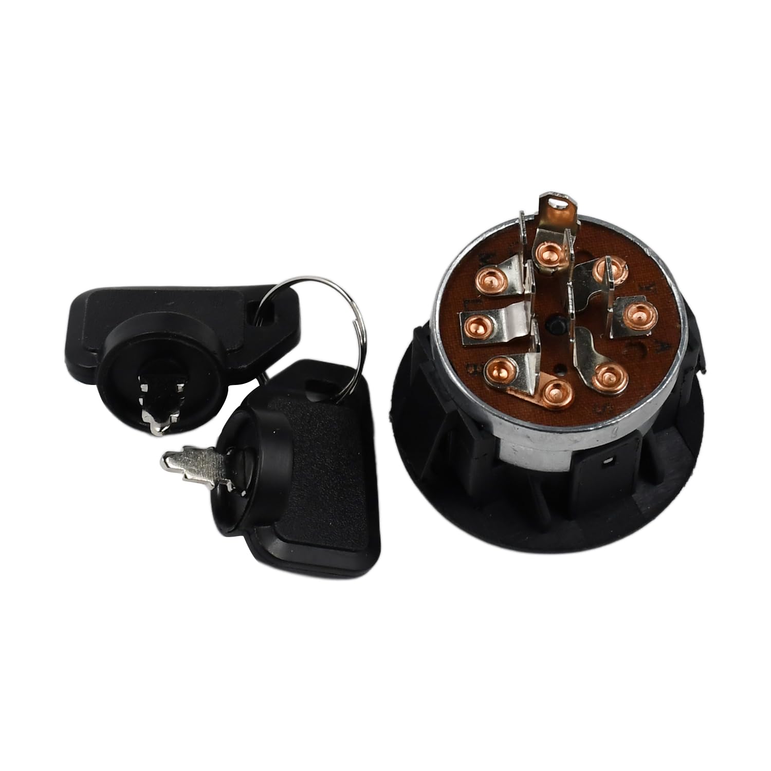 Close-up of Meckparts ignition switch and two keys for quick starts.