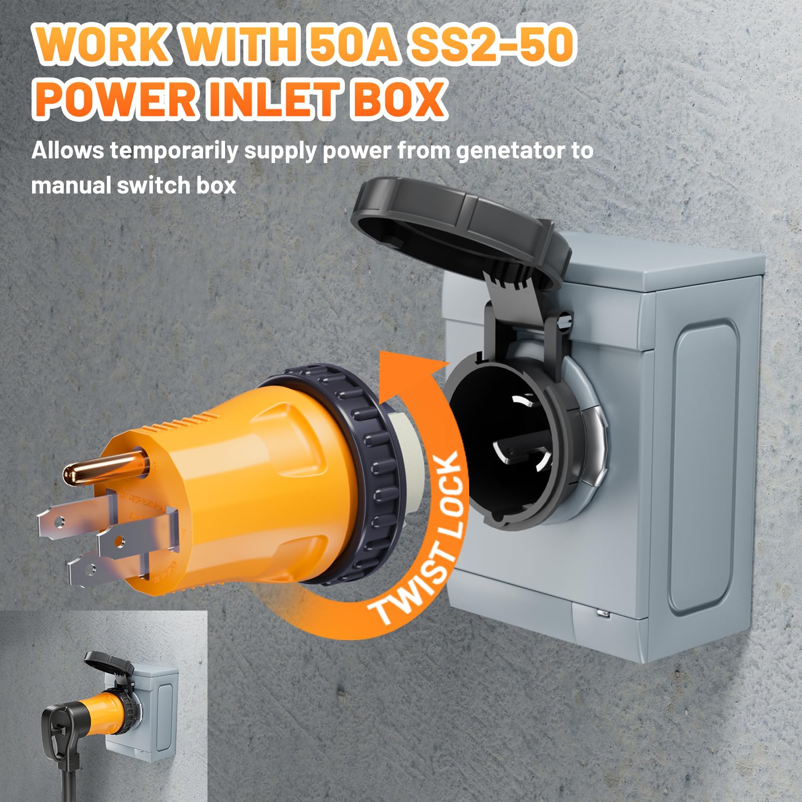 MECMO molded 50A adapter built for rugged outdoor use.