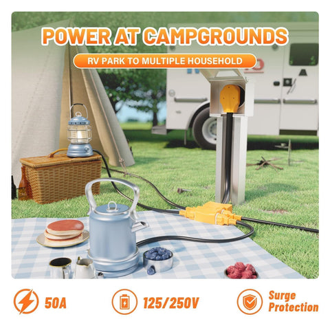 Versatile power hub for RV campsites and work sites.