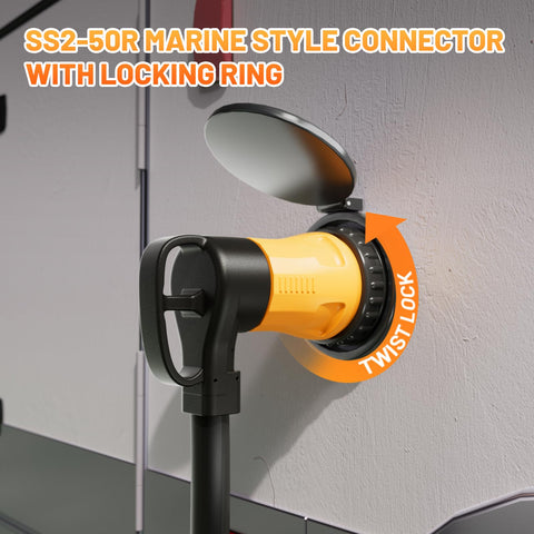 MECMO SS2-50R locking female connector for leak-free power.