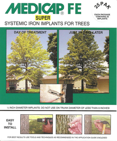 Medicap FE 1/2 inch systemic iron implants for treating iron chlorosis in trees, supporting greener growth