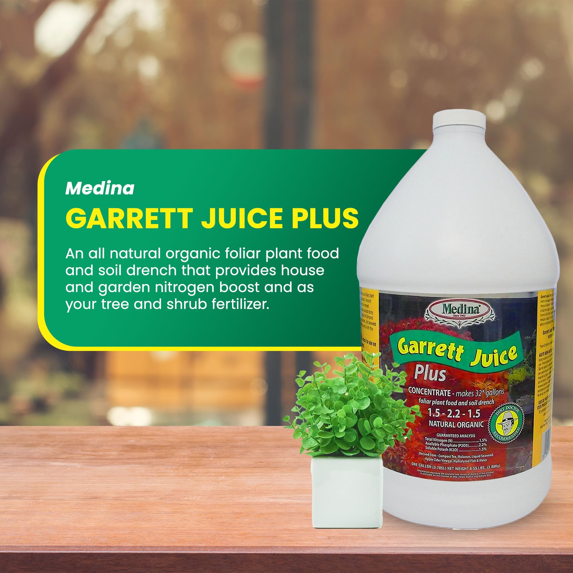 Medina Garrett Juice Plus bottle closeup highlighting rich nitrogen for vibrant foliage.