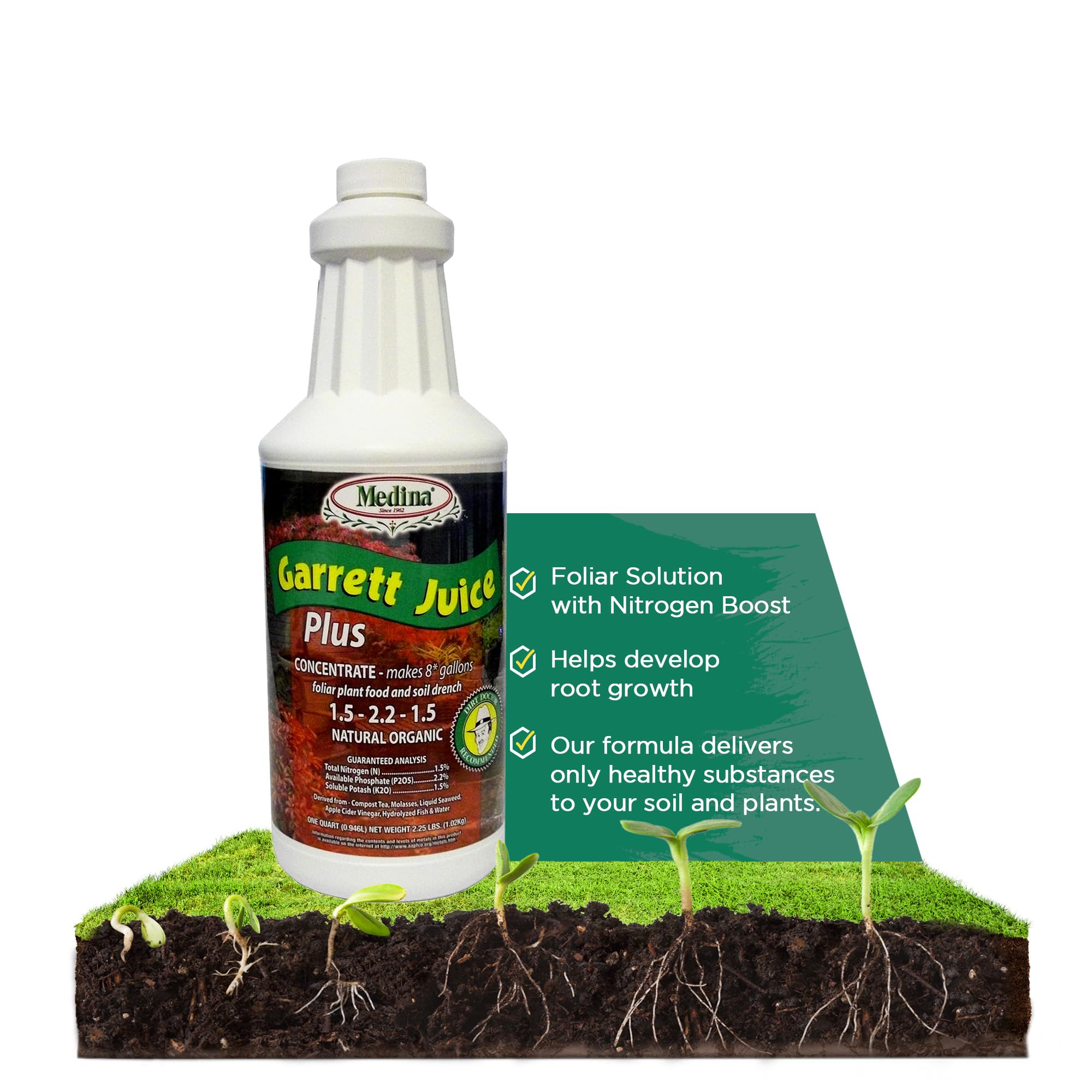 Medina Garrett Juice Plus bottle pour supports balanced nutrition for vibrant houseplants.