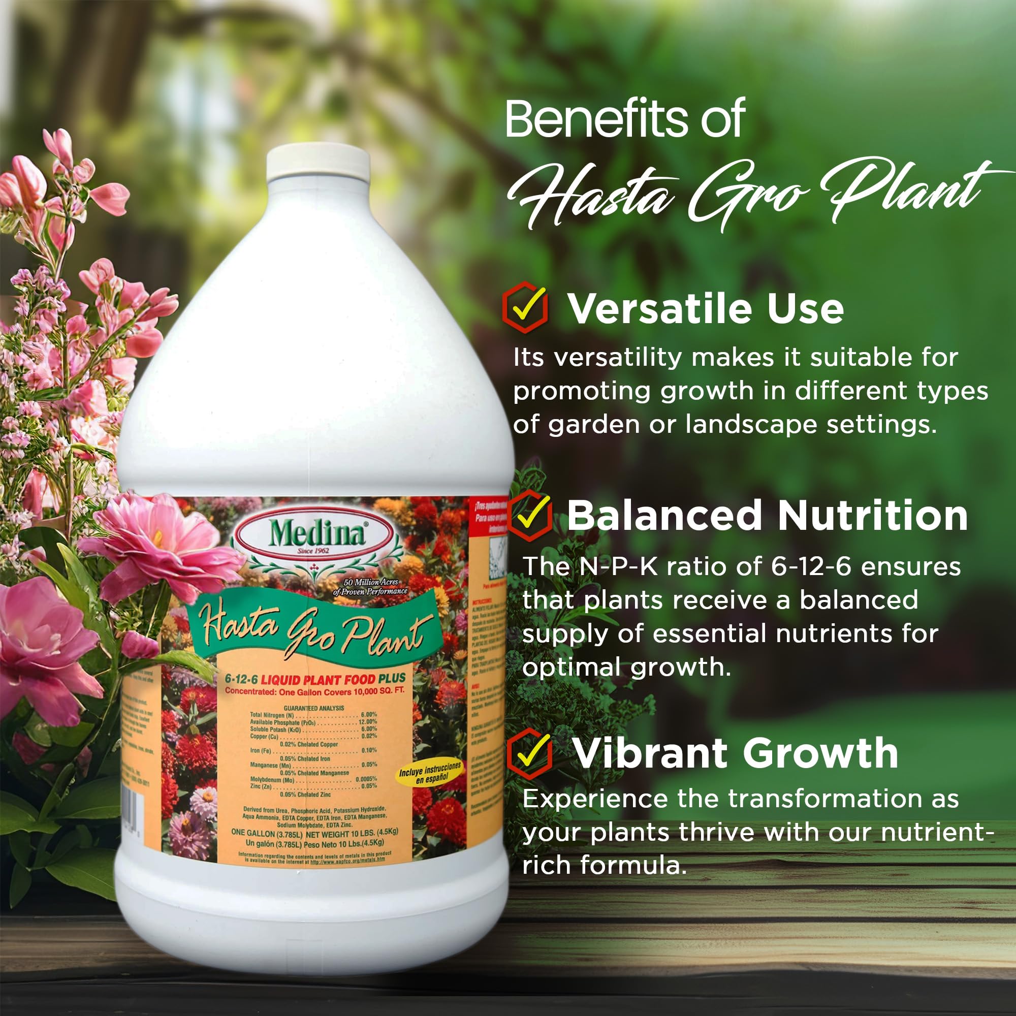 Medina HastaGro liquid nutrition supports soil feeding and foliar uptake for healthy growth.