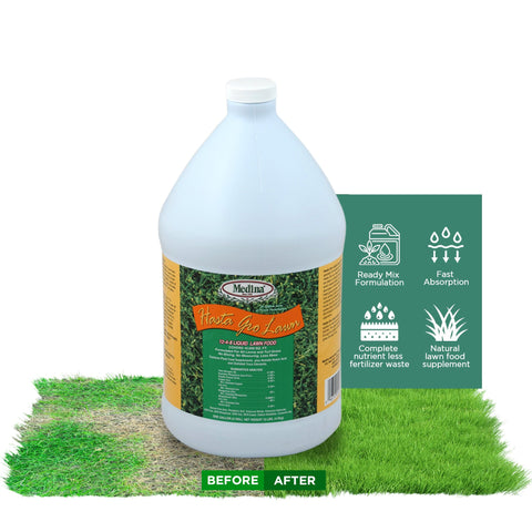 Medina HastGro Lawn 12-4-8 bottle ready for quick lawn feeding and growth.