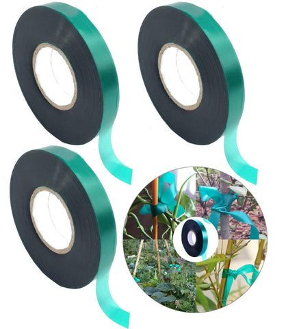 Medoore stretch tie tape 3-rolls 150ft green packaging ideal for garden organization.