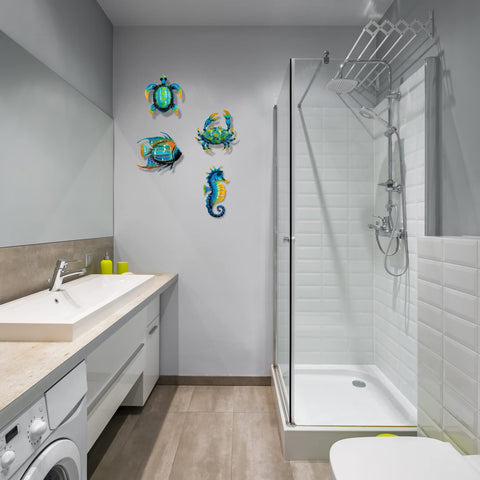 Meduofon blue pool decor wall art complements poolside aesthetics and garden walls.