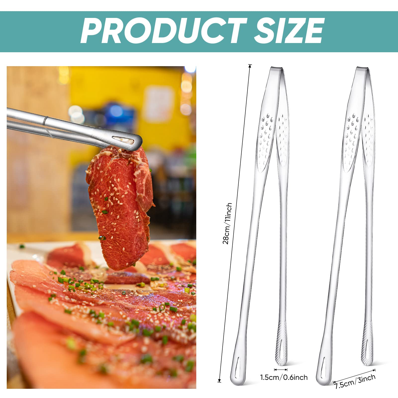 Meekoo 11-inch stainless steel Korean BBQ tongs with secure grip.
