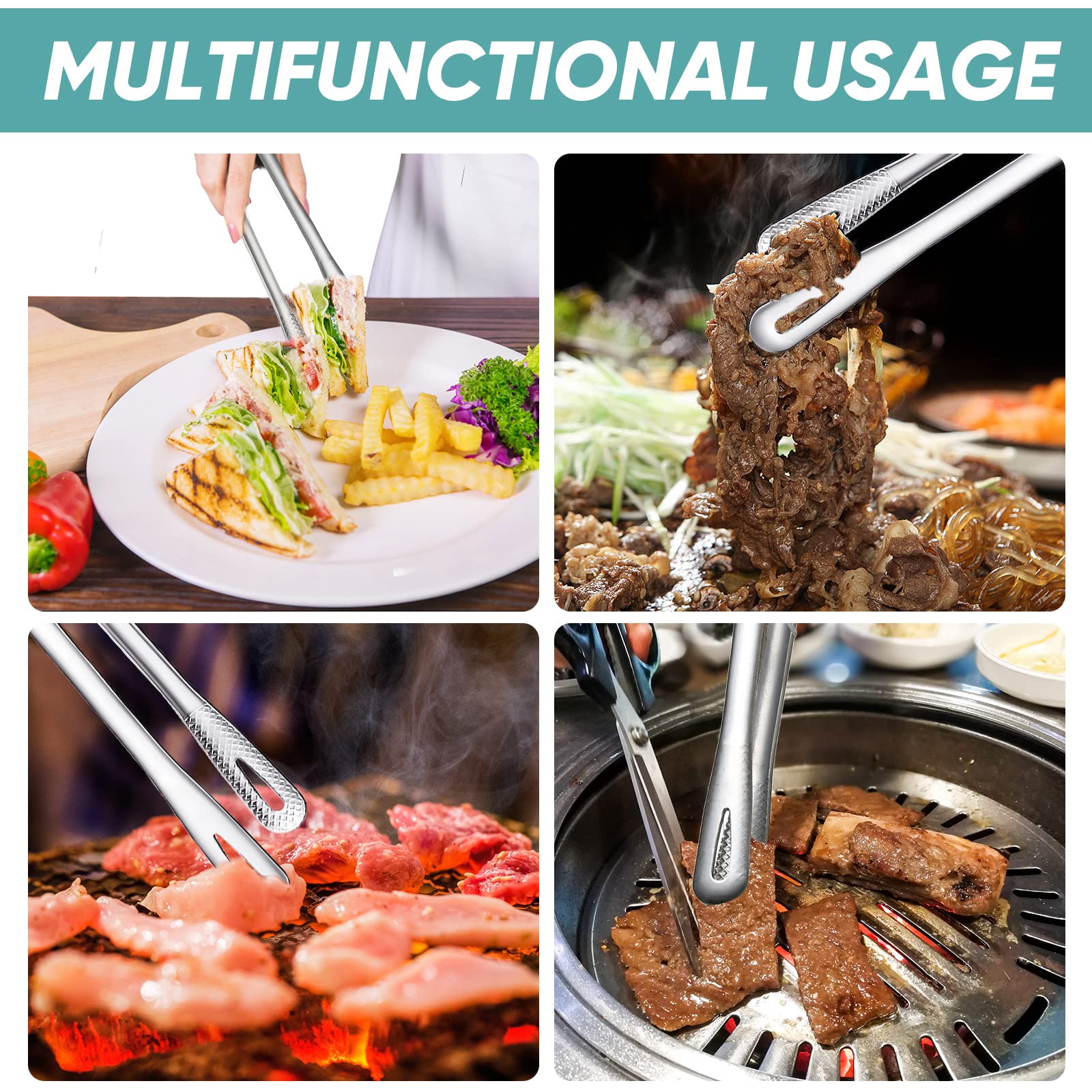 Meekoo versatile grill, oven, and outdoor cooking tongs for various dishes.