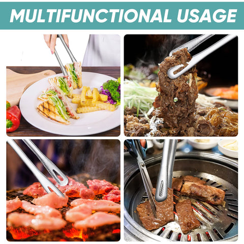 Meekoo versatile grill, oven, and outdoor cooking tongs for various dishes.