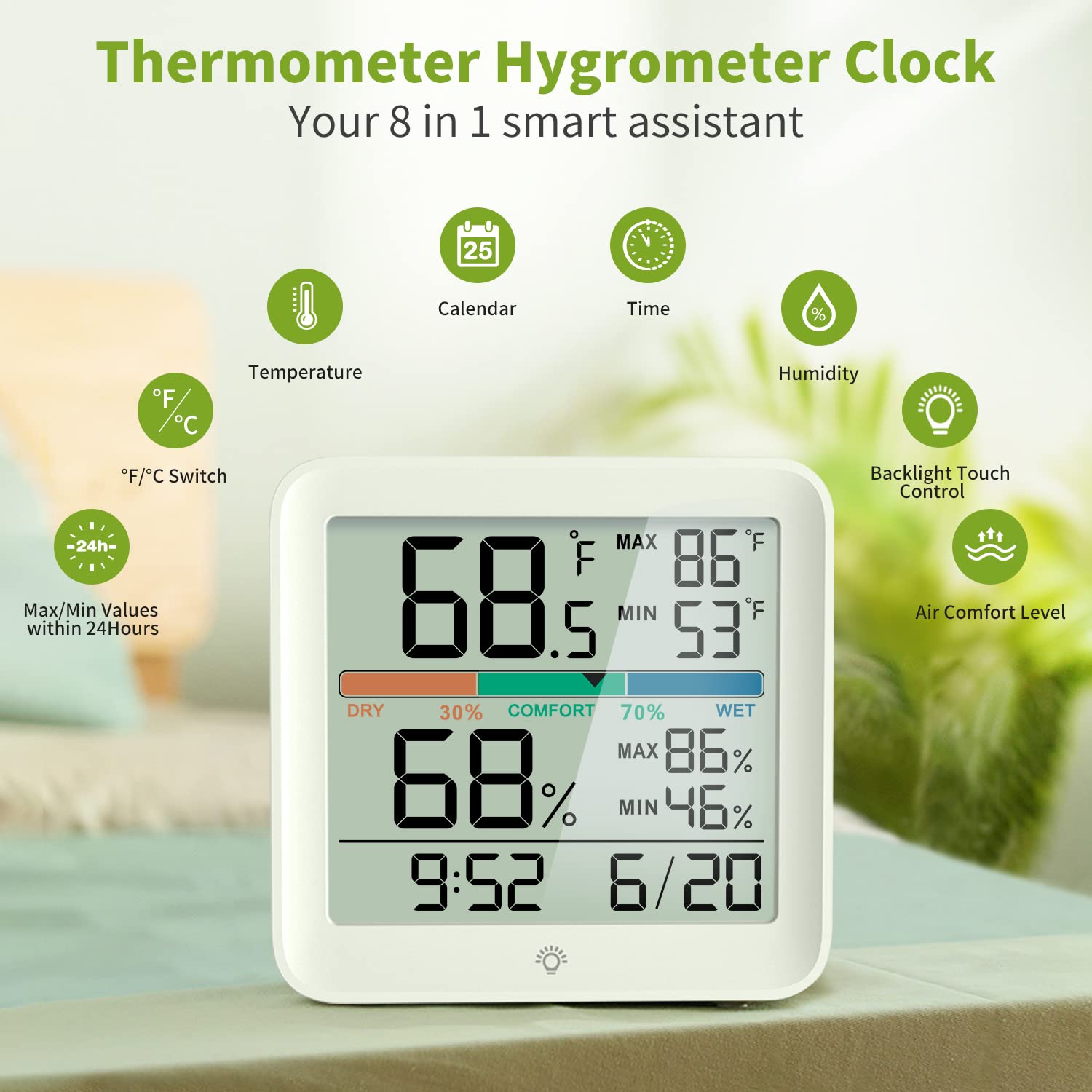 MeesMeek hygrometer showing 24H max/min records for daily climate changes