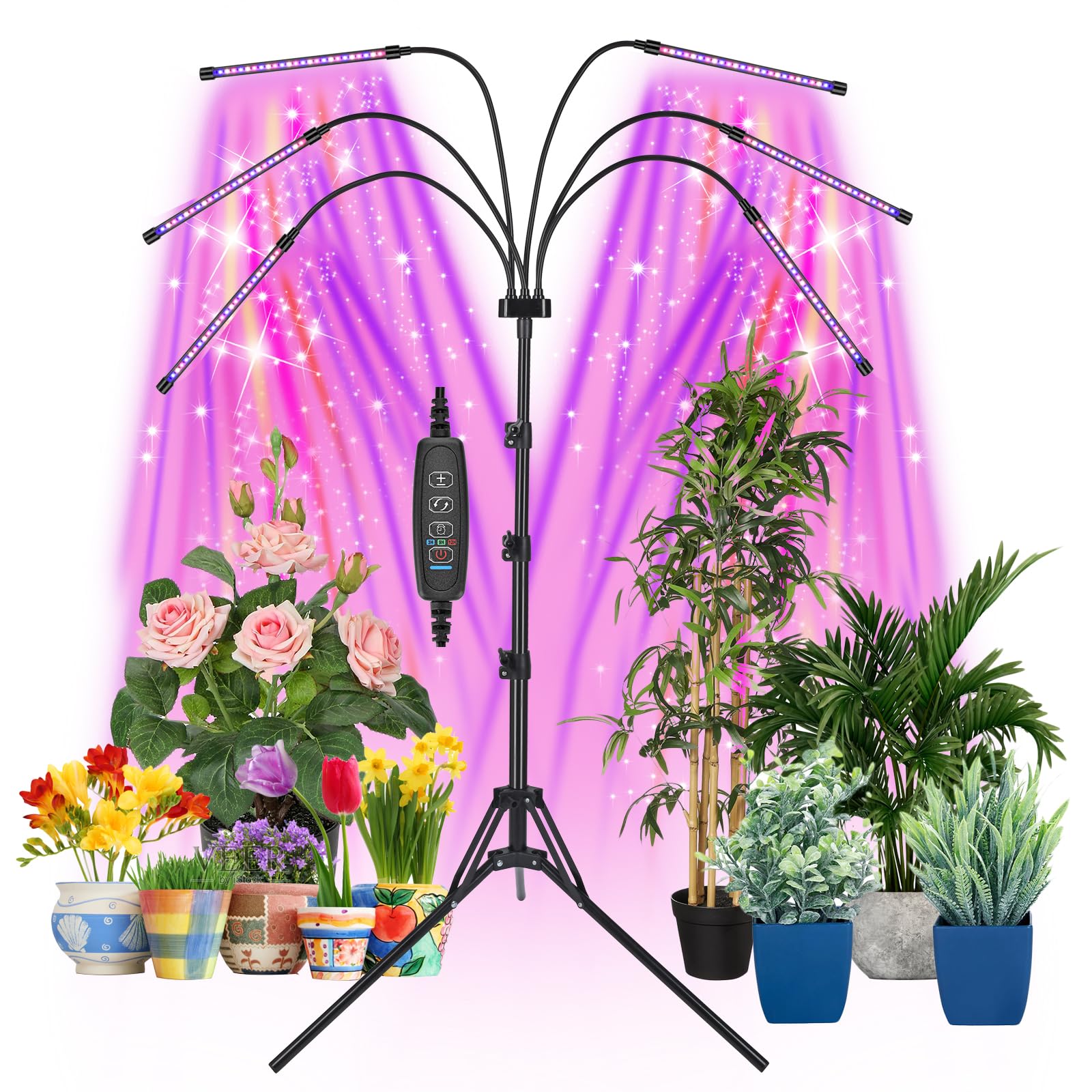 Mefflypee 6-head grow light on a stand guiding indoor plant growth with focused light.
