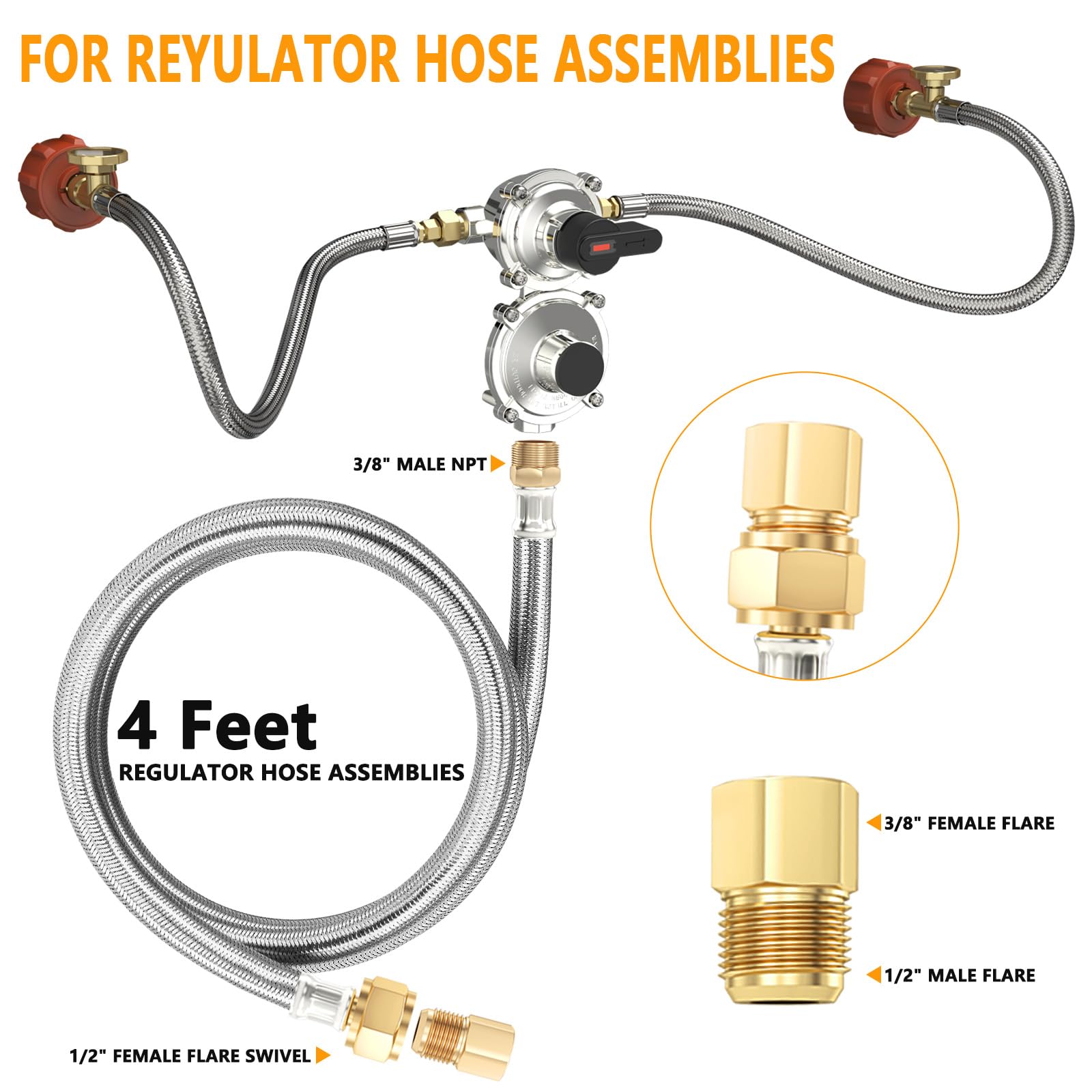MEFUN 48in stainless braided regulator hose assembly delivers durable, leak-resistant connection.